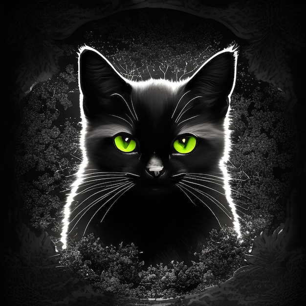 Een zwarte kat met groene ogen kijkt naar de camera.