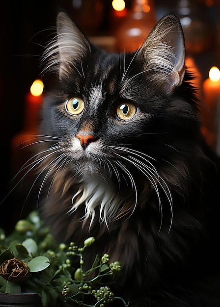 een zwarte kat met kerstboomversieringen