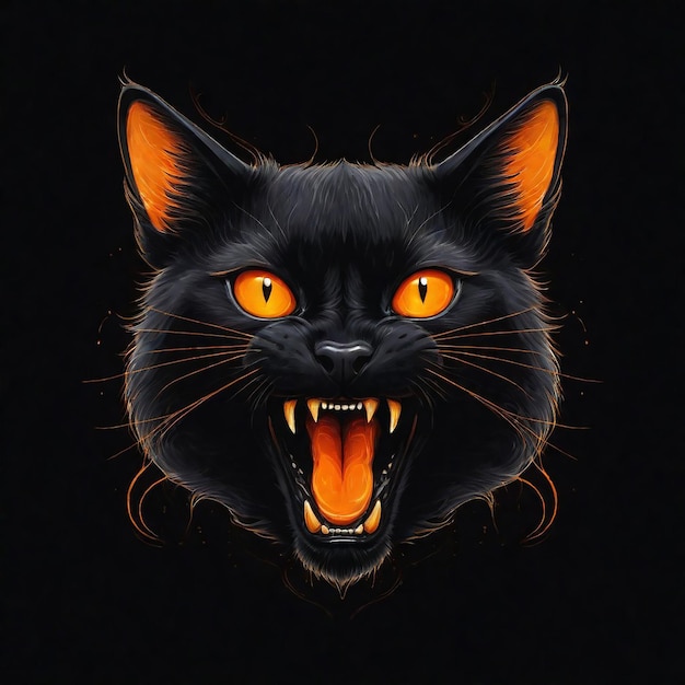 een zwarte kat met oranje ogen en een zwarte achtergrond
