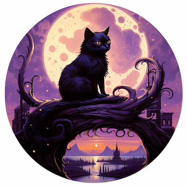 Foto een zwarte kat zit en kijkt naar de maan's nachts