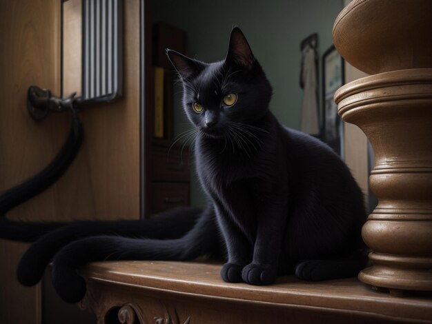 Een zwarte kat zit naast het raam en kijkt naar de camera.