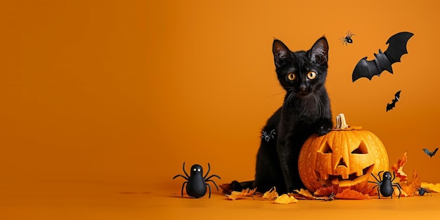 Foto een zwarte kat zit op een pompoen omringd door vleermuizen generatieve ai