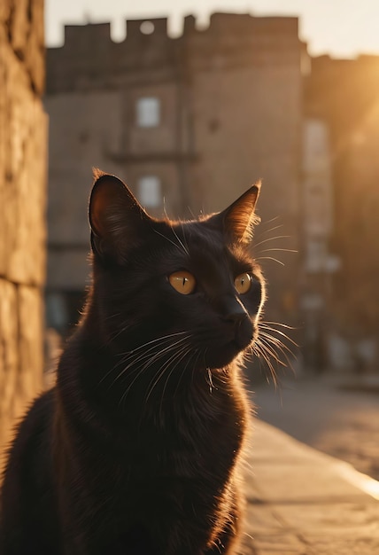 een zwarte kat zit voor een gebouw met de zon die er doorheen schijnt