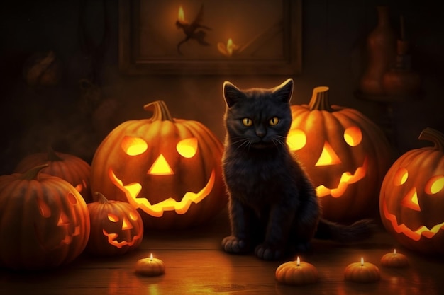 Een zwarte kat zit voor pompoenen met rechtsonder de woorden halloween.