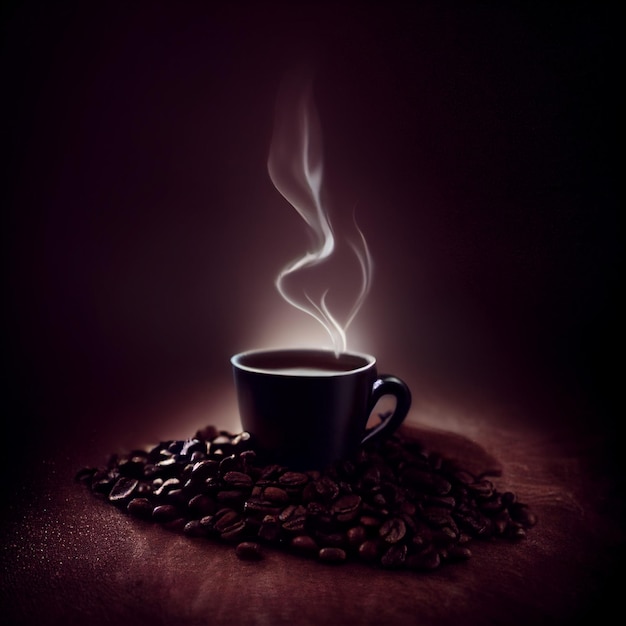 Een zwarte koffiekop waar stoom uit opstijgt.