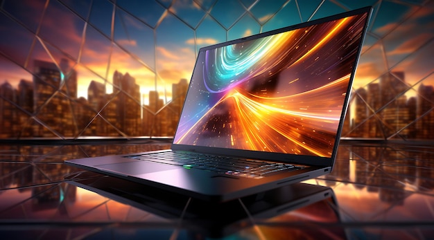 een zwarte laptop met neon effecten Generatieve AI