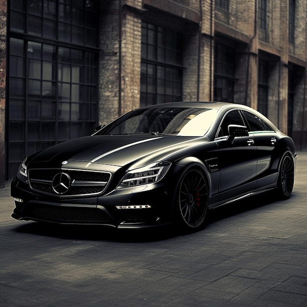 Een zwarte Mercedes is geparkeerd op een stoep met een auto geparkeerd voor het.