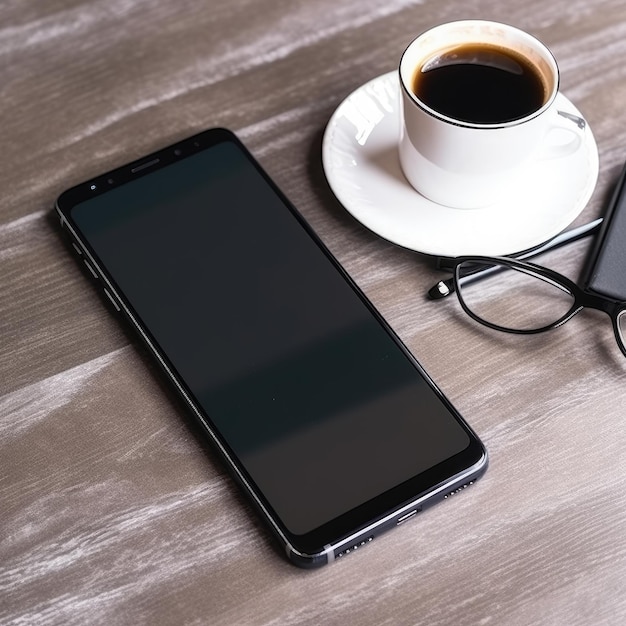 Een zwarte mobiele telefoon met een zwart scherm ligt op een tafel naast een kopje koffie en een bril.