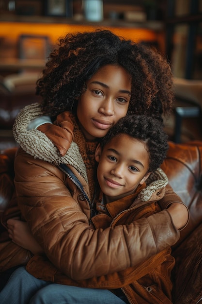 Een zwarte moeder omhelst haar charmante zoon in een liefdevolle knuffel op een bank en deelt een teder moment van verbinding Moederschapsconcept
