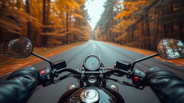 Een zwarte motorfiets snelt op een weg tussen bomen motorrijders uitzicht