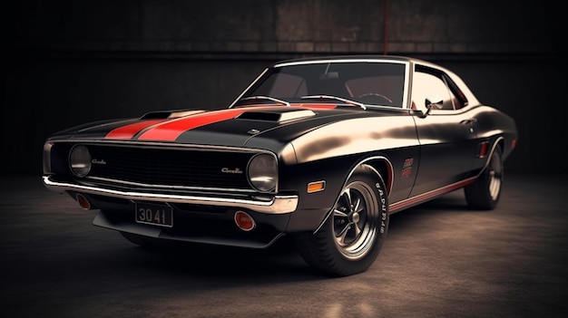 Een zwarte muscle car met een rode streep waar '68' op staat