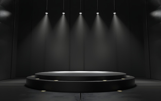 een zwarte muur met een ronde tafel en lichten die van het plafond hangen