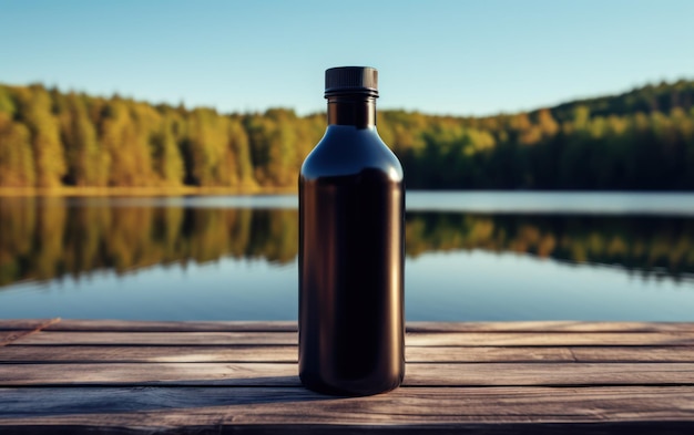 Een zwarte ondoorzichtige waterfles rust op een houten dek met een serene meer