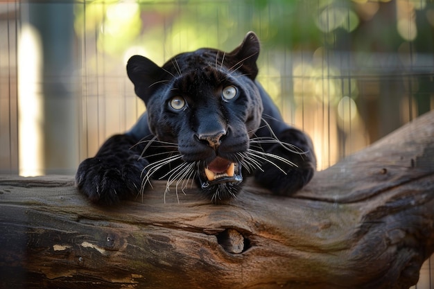 Een zwarte panter met een speelse twist gevangen in een grappig moment