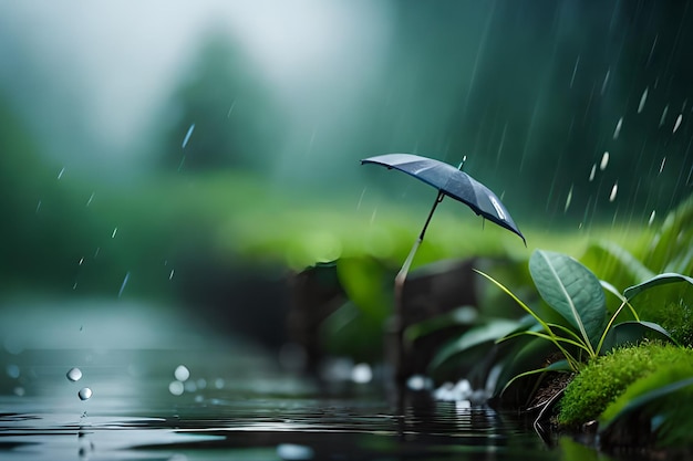 Een zwarte paraplu staat in de regen voor een groene plant.