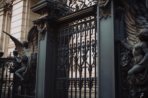 Een zwarte poort met een standbeeld erop