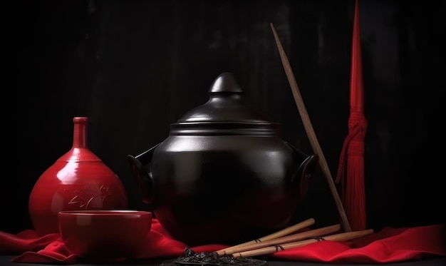 Een zwarte pot met een rood gordijn en een rood gordijn