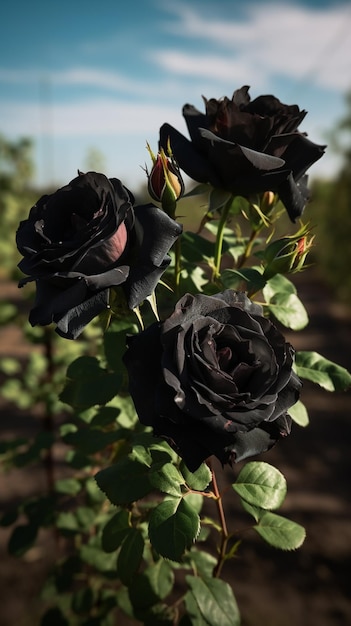 Een zwarte rozenstruik met een paar bloemen erop.