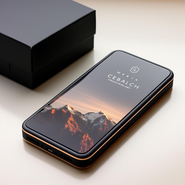 een zwarte Samsung-telefoon met een afbeelding van een berg op het scherm.