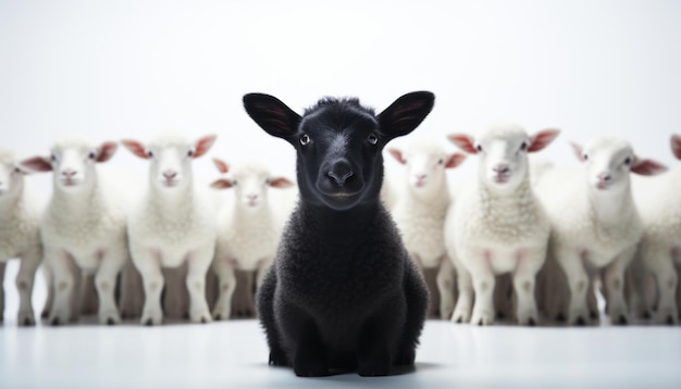 Foto eén zwarte schaap die wegstaat van een groep witte schapen