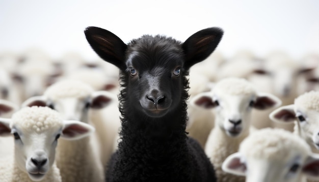 Eén zwarte schaap die wegstaat van een groep witte schapen