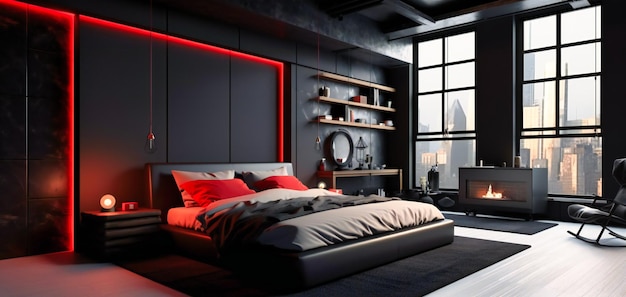 Een zwarte slaapkamer met rode muur en open haard