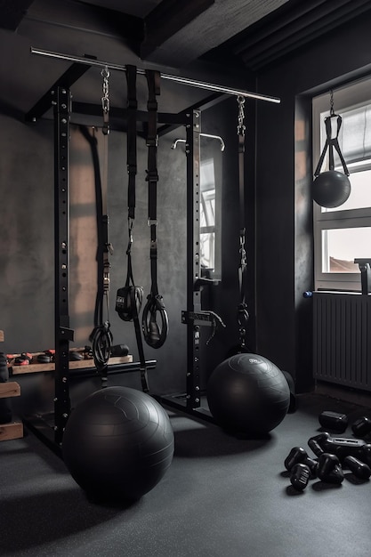 Een zwarte sportschool met een zwarte muur en een zwarte muur waar 'gym' op staat