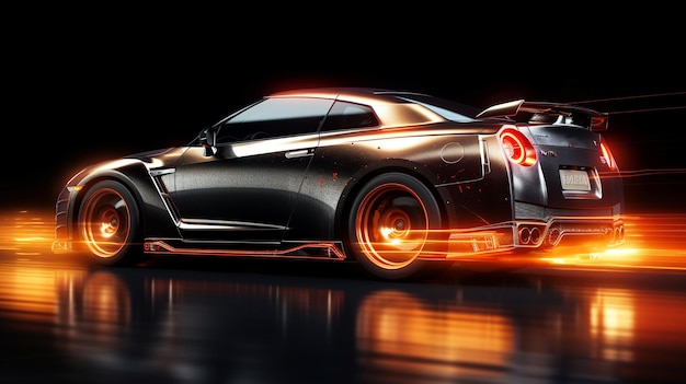 Een zwarte sportwagen van Nissan GT R met de lichten aan