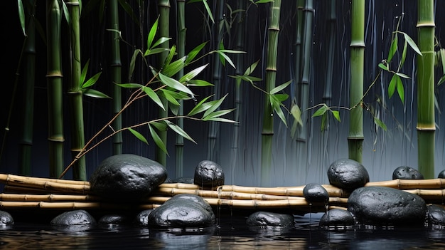 Een zwarte steen in de rivier met groene bamboe gegenereerd door AI