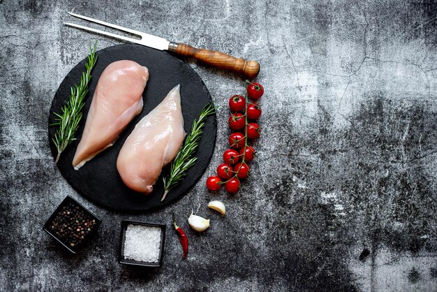 Foto een zwarte stenen ondergrond met een kipfilet en een vork met daarop een mes en een flesje knoflook.