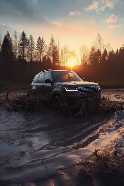 Een zwarte SUV-auto rijdt met hoge snelheid in een plas met modder in een bos