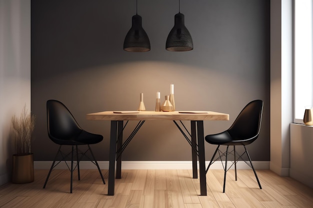 Een zwarte tafel en stoelen in een donkere kamer met een donkerbruine muur.