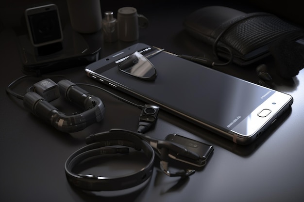 Een zwarte tafel met een telefoon en een horloge erop