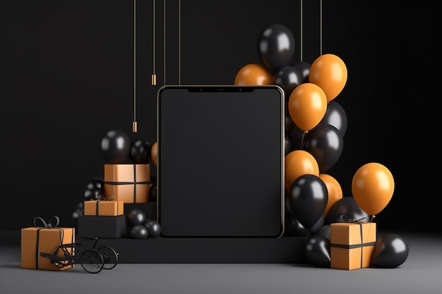 Een zwarte telefoon met een zwart scherm omringd door ballonnen en geschenkkistjes generatieve ai