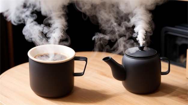 Een zwarte theepot en een kop koffie staan op een tafel waar stoom uit opstijgt.