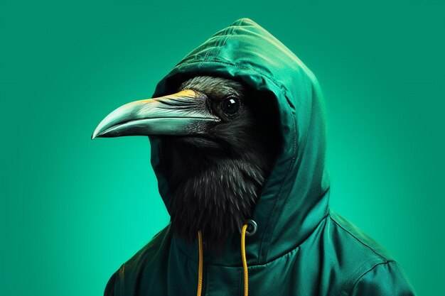 Een zwarte vogel met een hoodie met een groene achtergrond