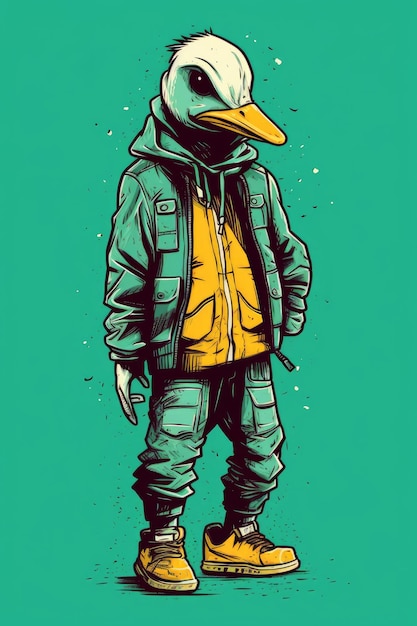 Een zwarte vogel met een hoodie met een groene achtergrond