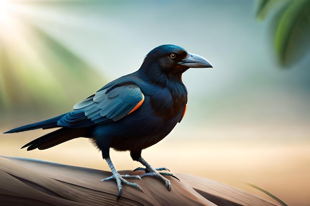 Een zwarte vogel met een rood oog en een blauwe staart zit op een tak.