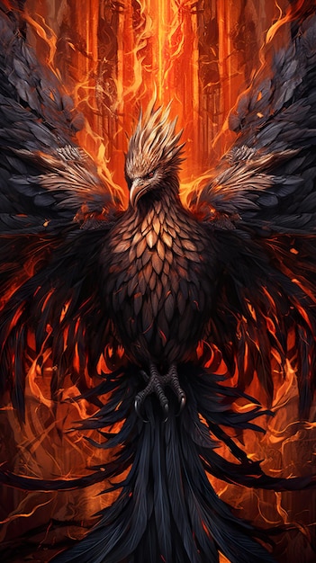 Een zwarte vogel met oranje vlammen op de achtergrond. Generatief AI-beeld