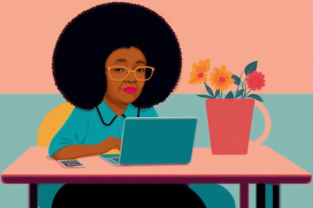 Een zwarte vrouw die op een laptop werkt Black Woman's Digital Work Journey Generative AI