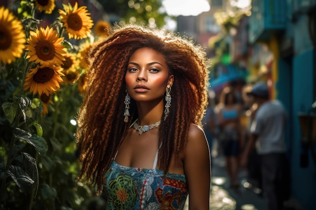 Een zwarte vrouw met dreadlocks op straat met zonnebloemen in de stijl van levendig colorisme glinsterende lichteffecten Generatieve AI