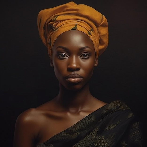 Een zwarte vrouw met een gele sjaal op haar hoofd