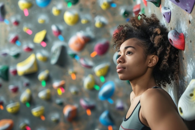 Foto een zwarte vrouw met krullend haar leunt tegen de muur van een kleurrijke rotsmuur