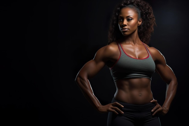 Een zwarte vrouwelijke bodybuilder toont de kracht van haar spieren.