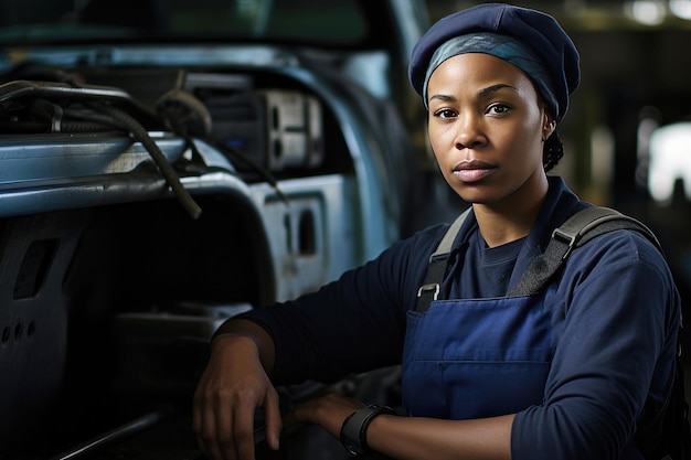 Een zwarte vrouwelijke werknemer in uniform houdt zich bezig met reparatiewerkzaamheden