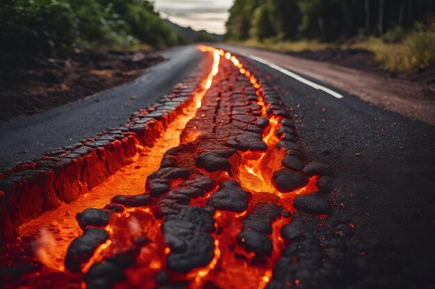 Foto een zwarte weg met een brandende kolen die erop brandt.