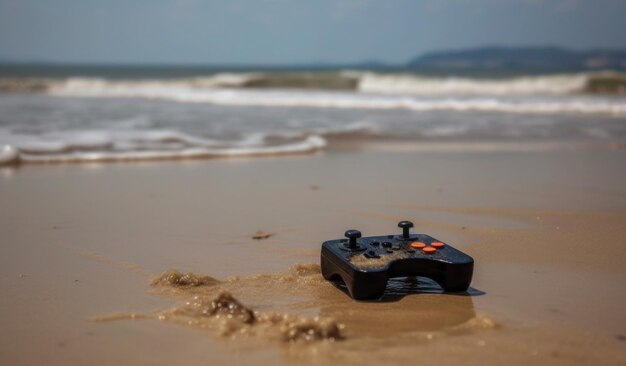 Een zwarte Xbox-controller die op het strand ligt.