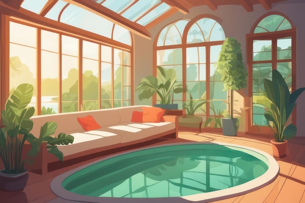 Een zwembad in de kamer bij zonsopgang in platte kunststijl