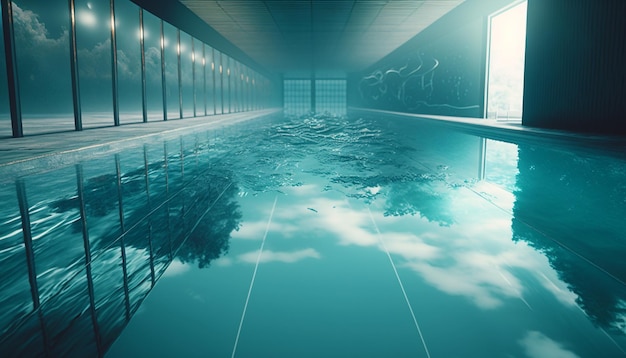 Foto een zwembad met een blauwe achtergrond en de woorden 