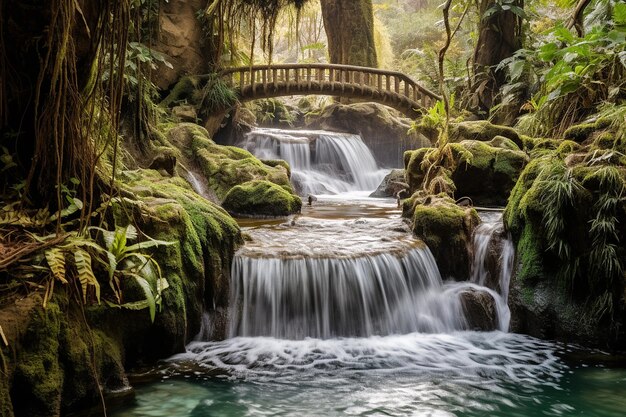 Een zwembad met een natuurlijke waterval